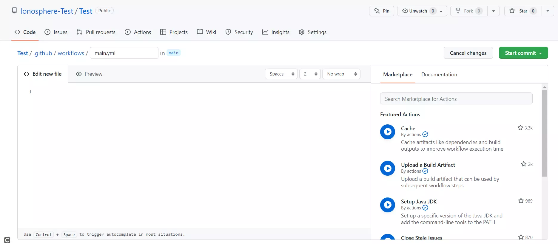 El archivo main.yml en el editor de GitHub Imagen: El archivo main.yml en el editor de GitHub