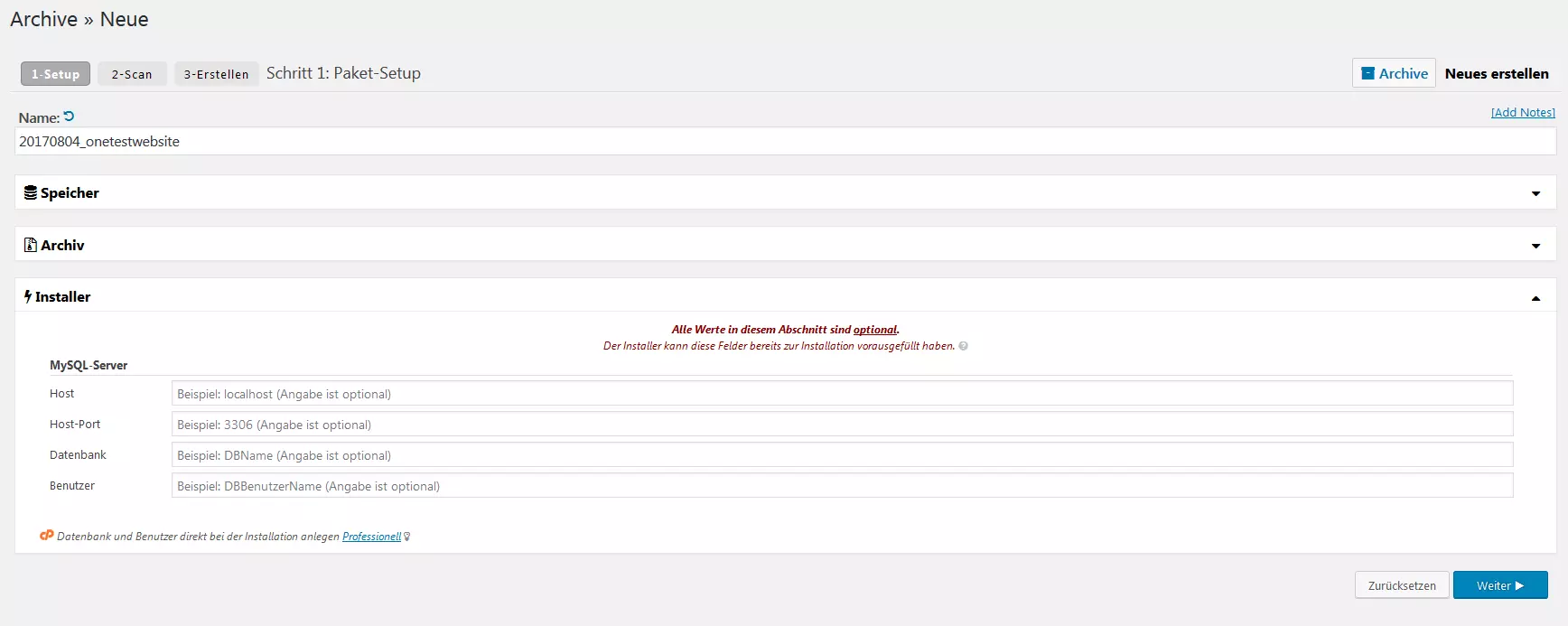 Imagen: Primeros pasos en la creación de un archivo con el plugin Duplicator